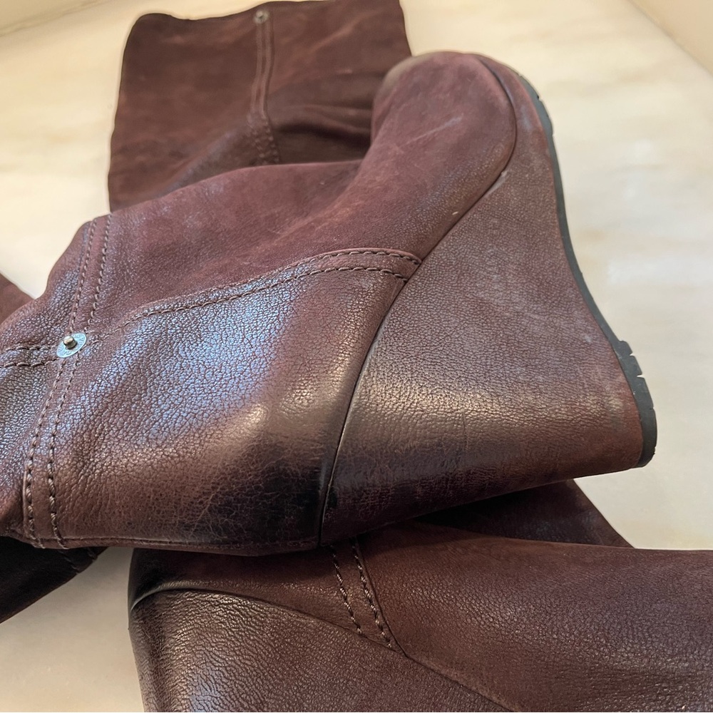 Dark Brown Prada Knee High Wedge Boots Size 9 US EU 39 Nubuk/Suede MINT Rusched - Picture 6 of 10
